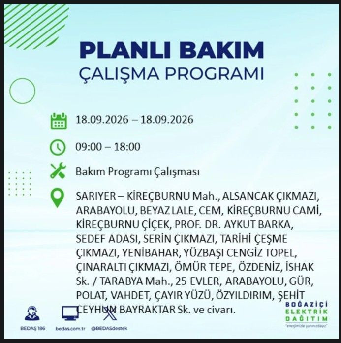 İstanbul’da bugün birçok ilçe karanlıkta kalacak (18 Eylül 2026) BEDAŞ ve AYEDAŞ duyurdu - Resim: 48