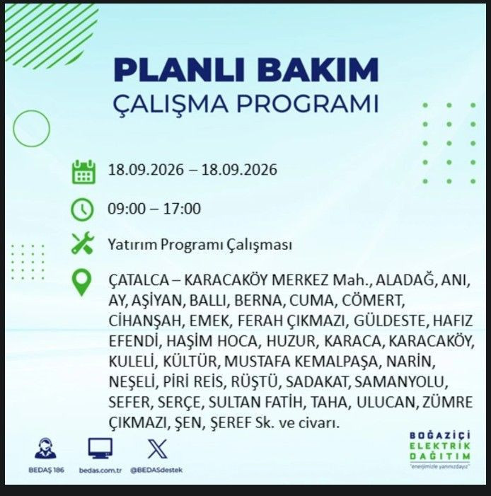 İstanbul’da bugün birçok ilçe karanlıkta kalacak (18 Eylül 2026) BEDAŞ ve AYEDAŞ duyurdu - Resim: 15