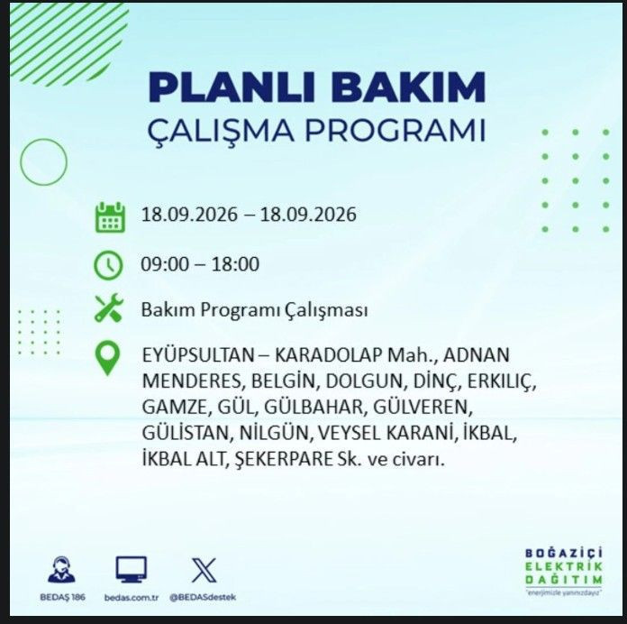İstanbul’da bugün birçok ilçe karanlıkta kalacak (18 Eylül 2026) BEDAŞ ve AYEDAŞ duyurdu - Resim: 33