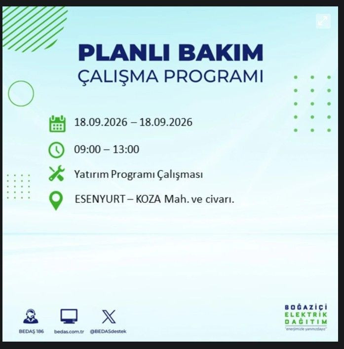 İstanbul’da bugün birçok ilçe karanlıkta kalacak (18 Eylül 2026) BEDAŞ ve AYEDAŞ duyurdu - Resim: 21