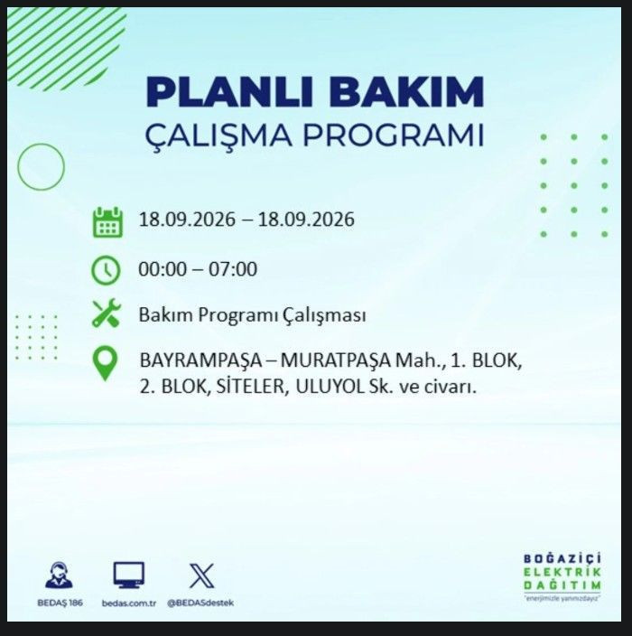 İstanbul’da bugün birçok ilçe karanlıkta kalacak (18 Eylül 2026) BEDAŞ ve AYEDAŞ duyurdu - Resim: 28