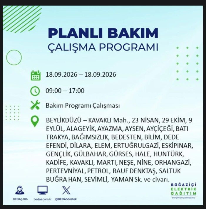 İstanbul’da bugün birçok ilçe karanlıkta kalacak (18 Eylül 2026) BEDAŞ ve AYEDAŞ duyurdu - Resim: 35