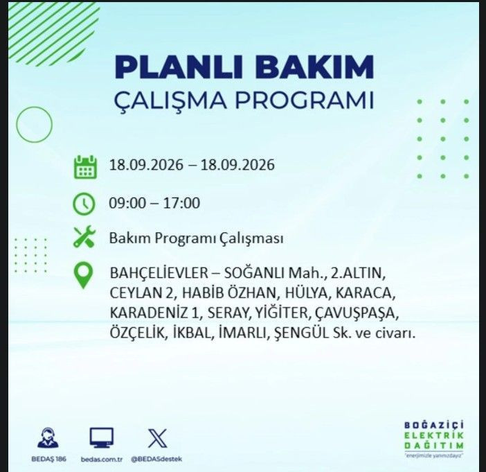 İstanbul’da bugün birçok ilçe karanlıkta kalacak (18 Eylül 2026) BEDAŞ ve AYEDAŞ duyurdu - Resim: 17