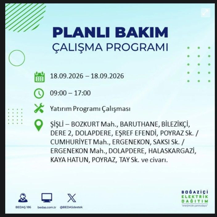 İstanbul’da bugün birçok ilçe karanlıkta kalacak (18 Eylül 2026) BEDAŞ ve AYEDAŞ duyurdu - Resim: 51