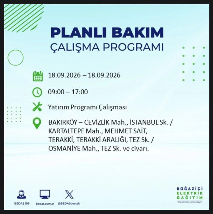 İstanbul’da bugün birçok ilçe karanlıkta kalacak (18 Eylül 2026) BEDAŞ ve AYEDAŞ duyurdu - Resim: 20
