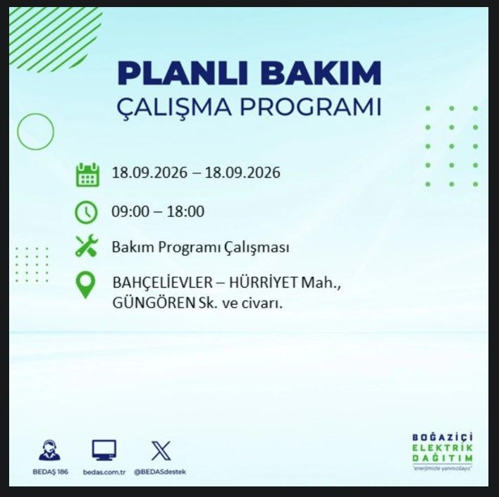İstanbul’da bugün birçok ilçe karanlıkta kalacak (18 Eylül 2026) BEDAŞ ve AYEDAŞ duyurdu - Resim: 16