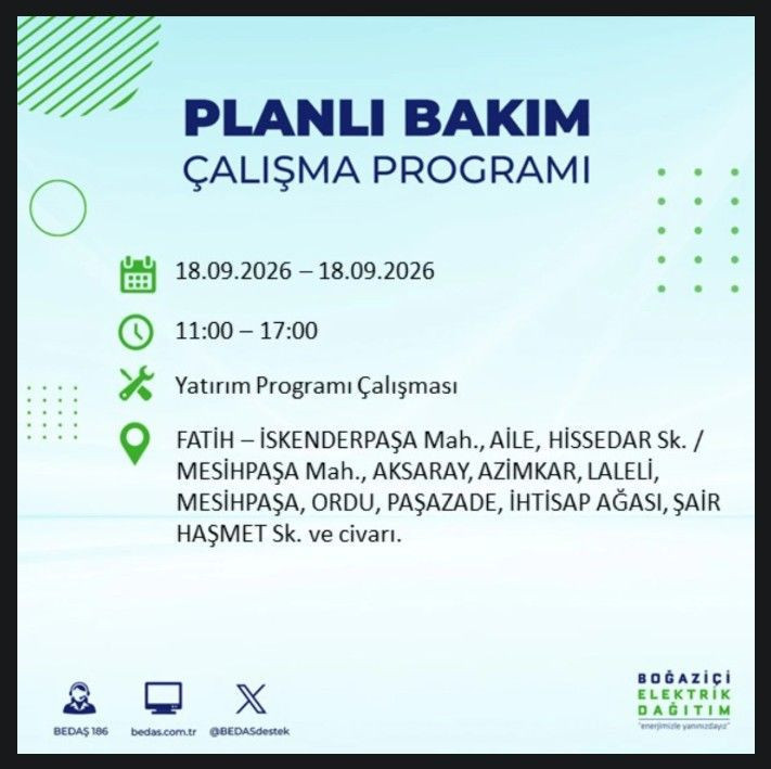 İstanbul’da bugün birçok ilçe karanlıkta kalacak (18 Eylül 2026) BEDAŞ ve AYEDAŞ duyurdu - Resim: 38