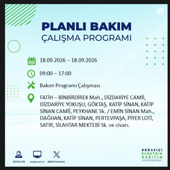 İstanbul’da bugün birçok ilçe karanlıkta kalacak (18 Eylül 2026) BEDAŞ ve AYEDAŞ duyurdu - Resim: 39