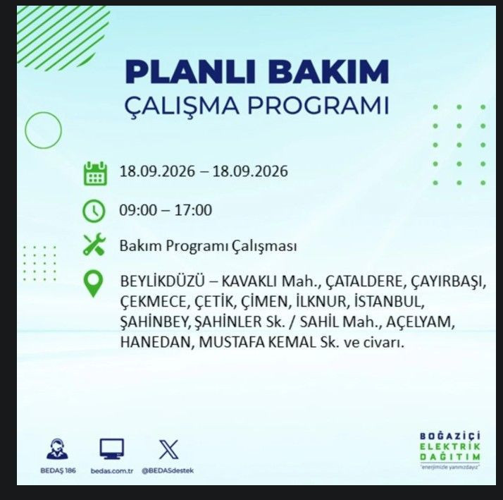 İstanbul’da bugün birçok ilçe karanlıkta kalacak (18 Eylül 2026) BEDAŞ ve AYEDAŞ duyurdu - Resim: 36