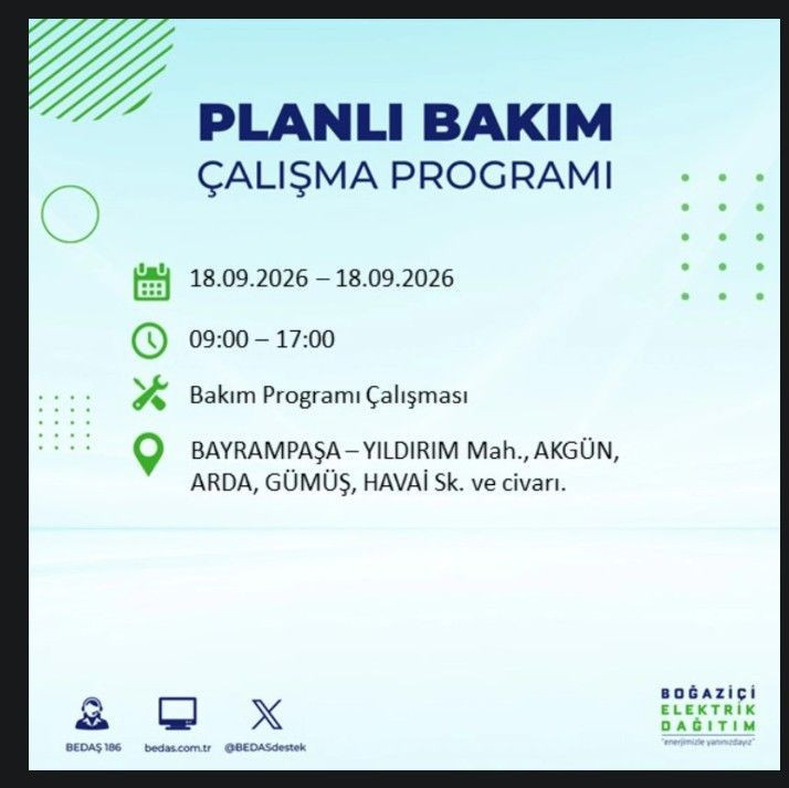 İstanbul’da bugün birçok ilçe karanlıkta kalacak (18 Eylül 2026) BEDAŞ ve AYEDAŞ duyurdu - Resim: 27