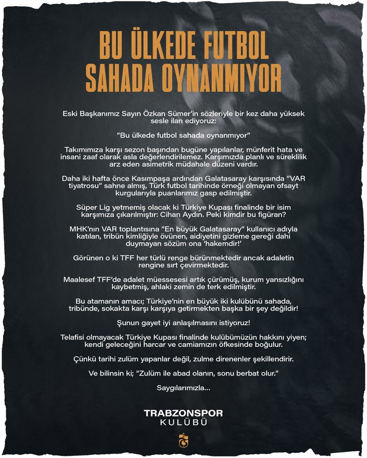 Trabzonspor’dan Cihan Aydın tepkisi: Bu ülkede futbol sahada oynanmıyor - Resim : 1