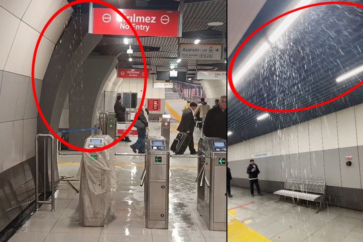 Metro tavanından şelale gibi su aktı