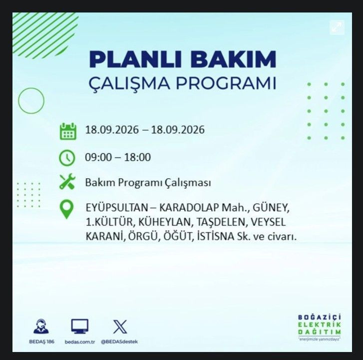İstanbul’da bugün birçok ilçe karanlıkta kalacak (18 Eylül 2026) BEDAŞ ve AYEDAŞ duyurdu - Resim: 34