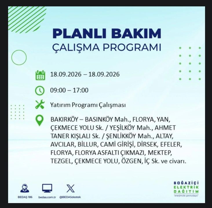İstanbul’da bugün birçok ilçe karanlıkta kalacak (18 Eylül 2026) BEDAŞ ve AYEDAŞ duyurdu - Resim: 19