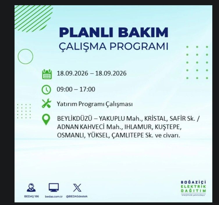 İstanbul’da bugün birçok ilçe karanlıkta kalacak (18 Eylül 2026) BEDAŞ ve AYEDAŞ duyurdu - Resim: 37