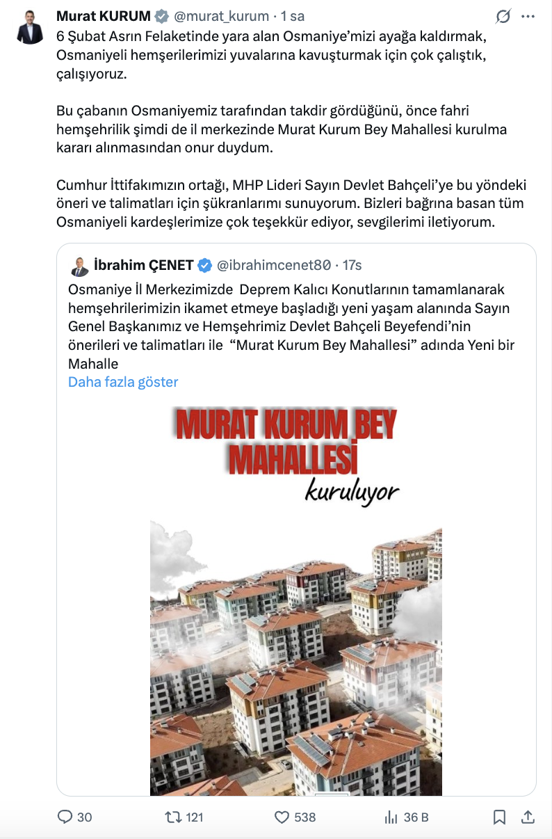 Bahçeli talimat verdi: 'Murat Kurum Bey Mahallesi' kuruluyor - Resim : 1