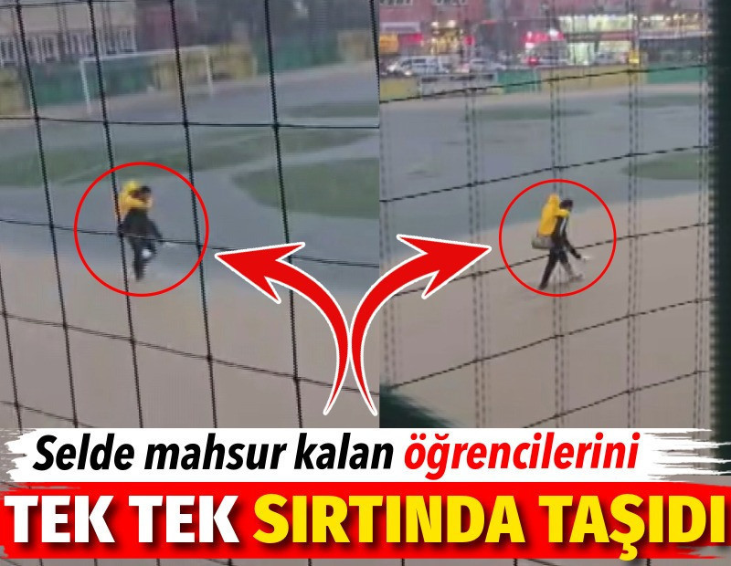 Selde mahsur kalan öğrencilerini tek tek sırtında taşıdı