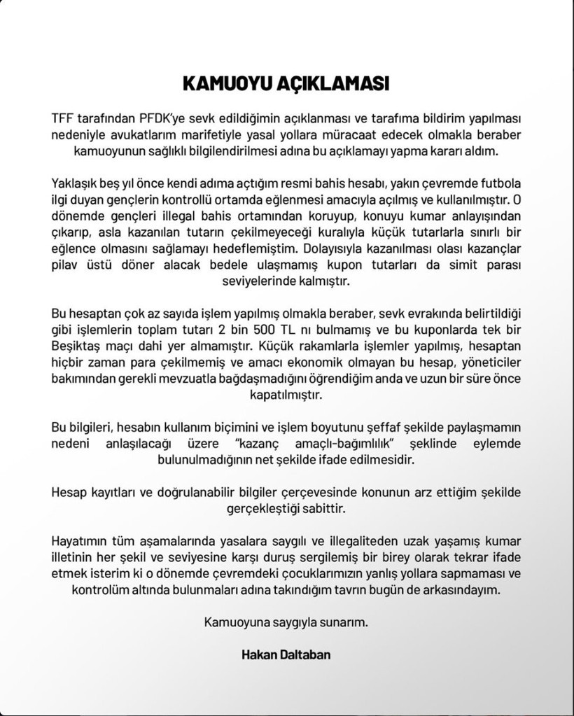 Beşiktaşlı yönetici Hakan Daltaban'dan bahis itirafı. PFDK'ye sevk edilmişti - Resim : 1