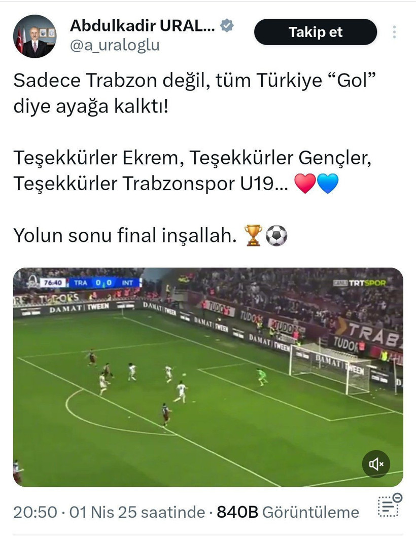 Ulaştırma Bakanı'nın 'Ekrem' korkusu: Trabzonspor paylaşımını değiştirdi - Resim : 1