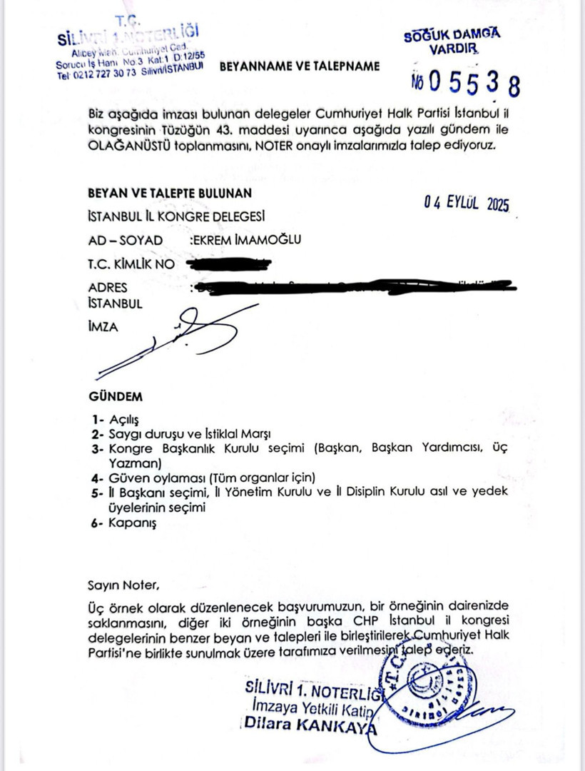 İmamoğlu İstanbul İl Kongresi’nin yapılması için notere başvurdu - Resim : 1