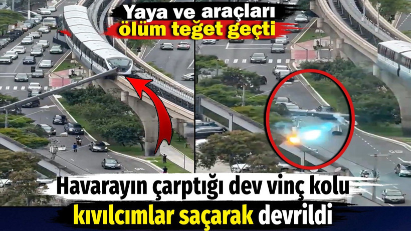 Havarayın çarptığı dev vinç kolu kıvılcımlar saçarak devrildi. Yaya ve araçları ölüm teğet geçti - Resim : 2