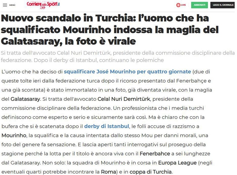 Derbi krizi İtalyan basınına sıçradı: "Mourinho'ya ceza veren adam Galatasaray forması giydi" - Resim : 1