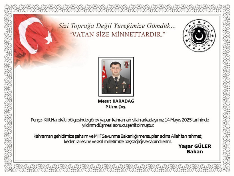 MSB acı haberi duyurdu: Uzman çavuş şehit oldu - Resim : 1