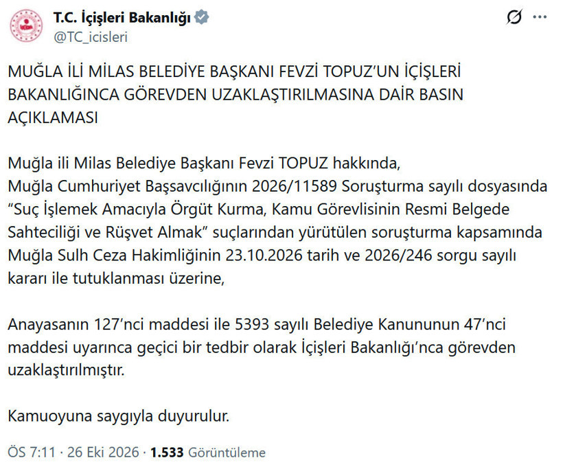 Milas Belediye Başkanı Fevzi Topuz görevden uzaklaştırıldı - Resim : 2