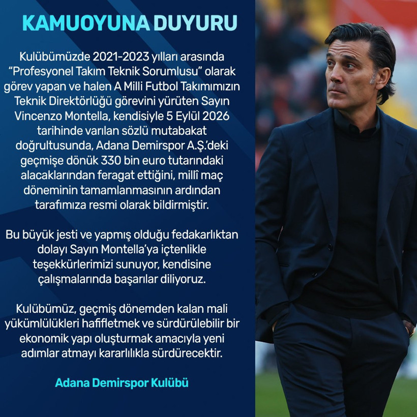 Montella’ya ‘teşekkürler’ mesajı. 330 bin euro alacağından vazgeçti - Resim : 1